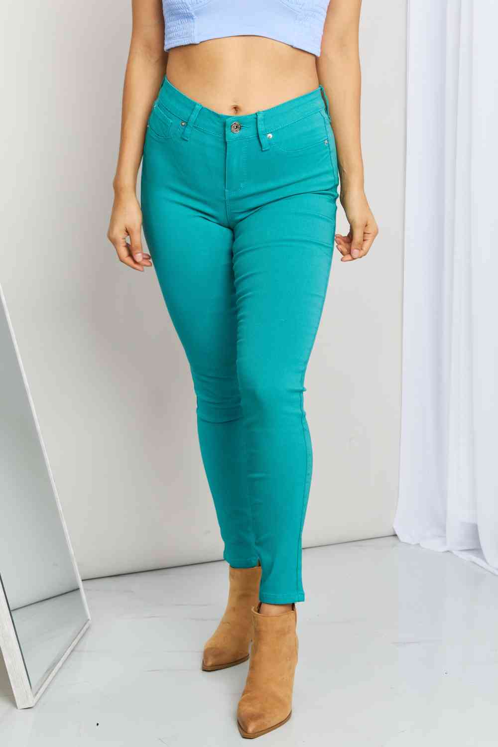 YMI Jeanswear Kate Hyper-Stretch Full Size Mid-Rise Skinny Jeans in Sea Green Sea Green