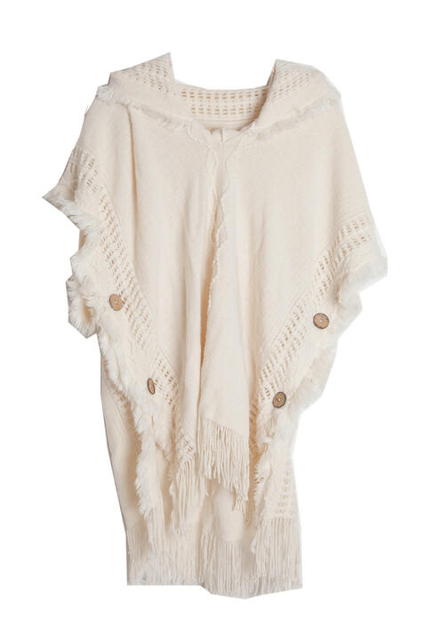 Fringe Hem Hooded Poncho Ivory One Size