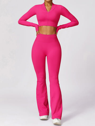 Zip Up Baseball Collar Outerwear and High Waist Pants Active Set Hot Pink