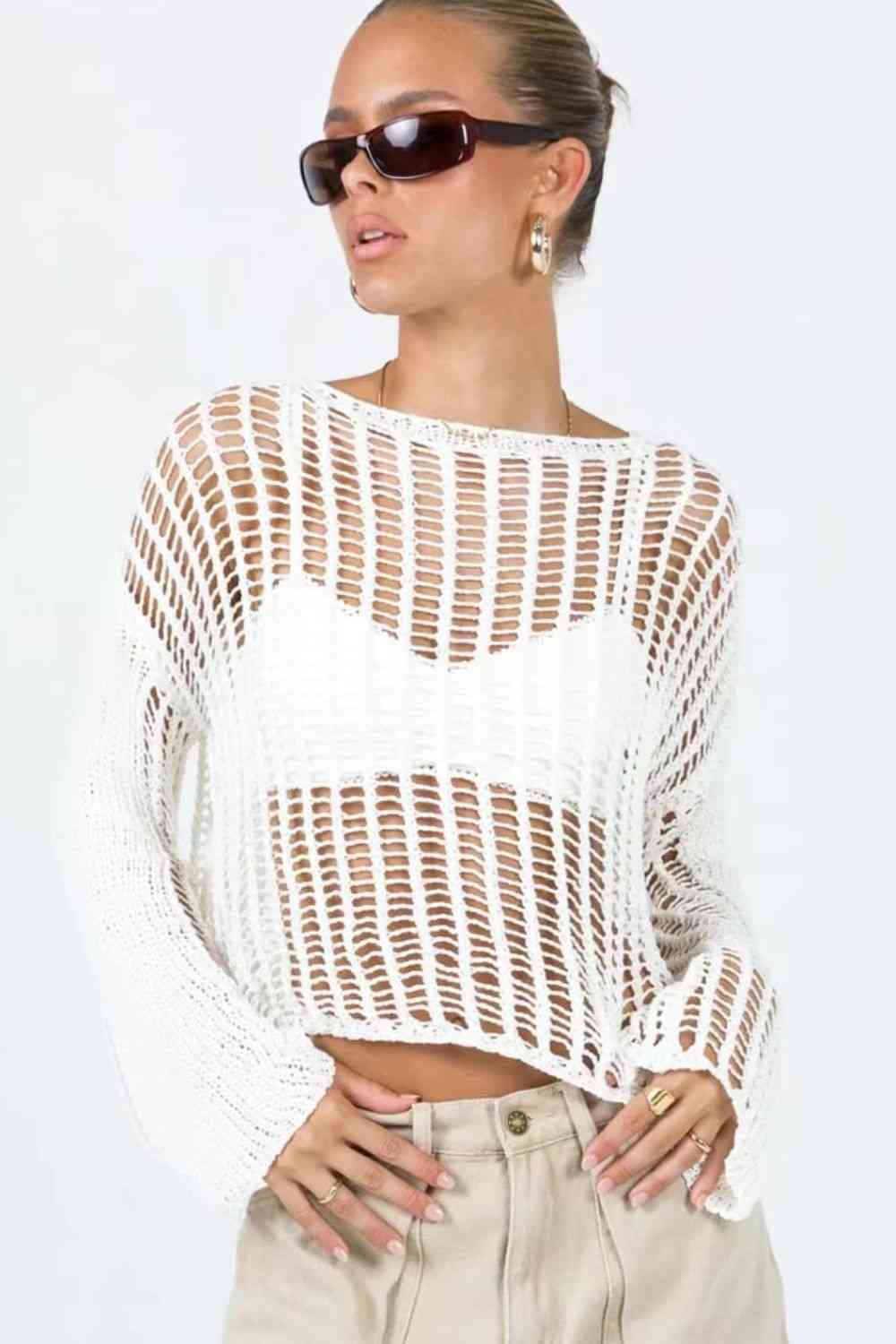 Openwork Boat Neck Long Sleeve Cover Up White