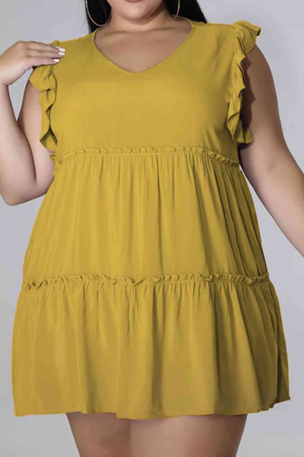 Plus Size V-Neck Frill Trim Mini Dress Mustard