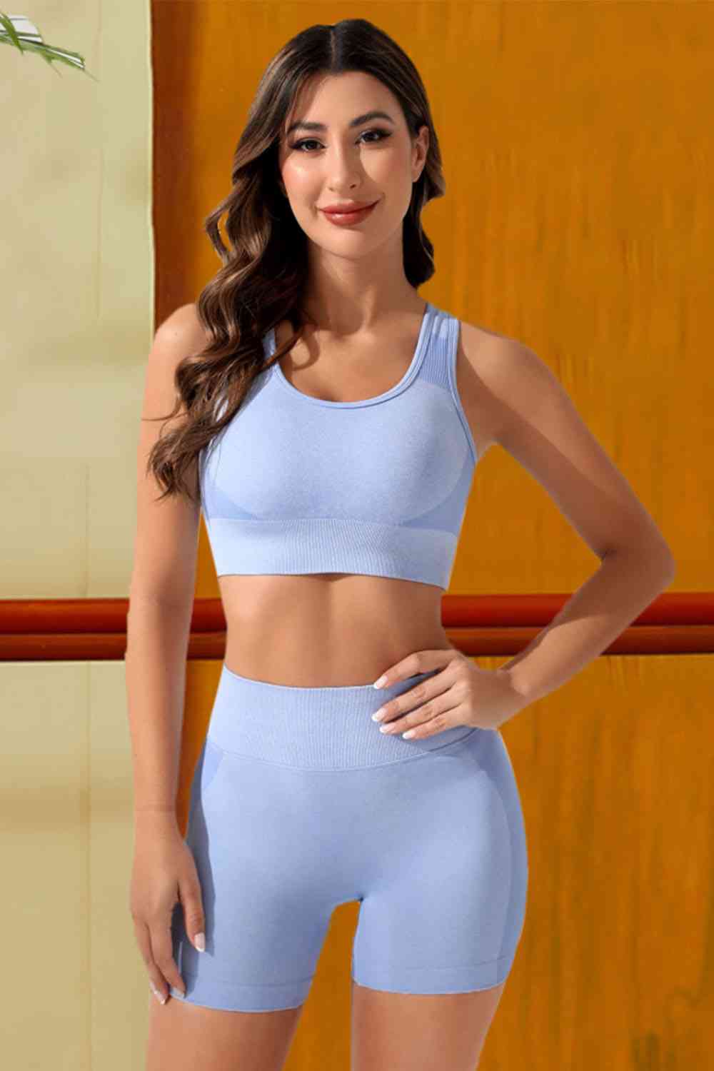 Cutout Sports Tank and Shorts Set Misty Blue