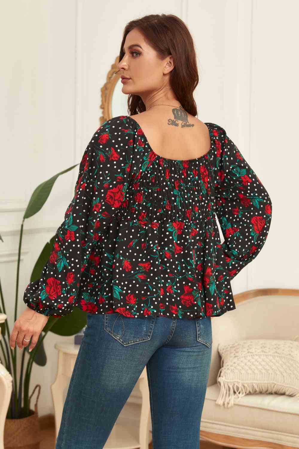 Melo Apparel Plus Size Floral Balloon Sleeve Blouse