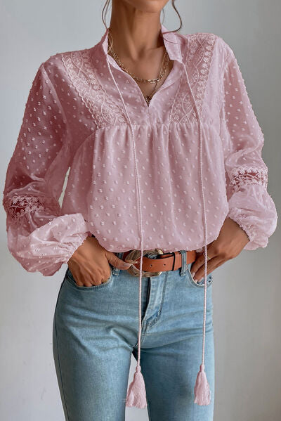 Swiss Dot Lace Detail Tie Neck Shirt Dusty Pink