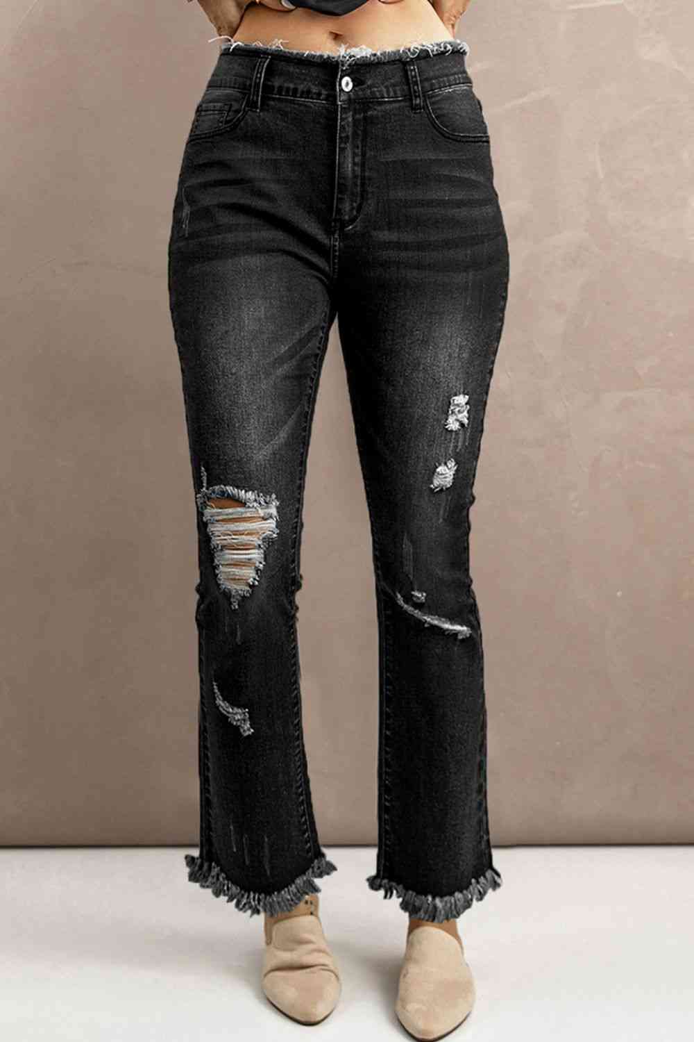 Baeful High Waist Distressed Raw Hem Jeans Black