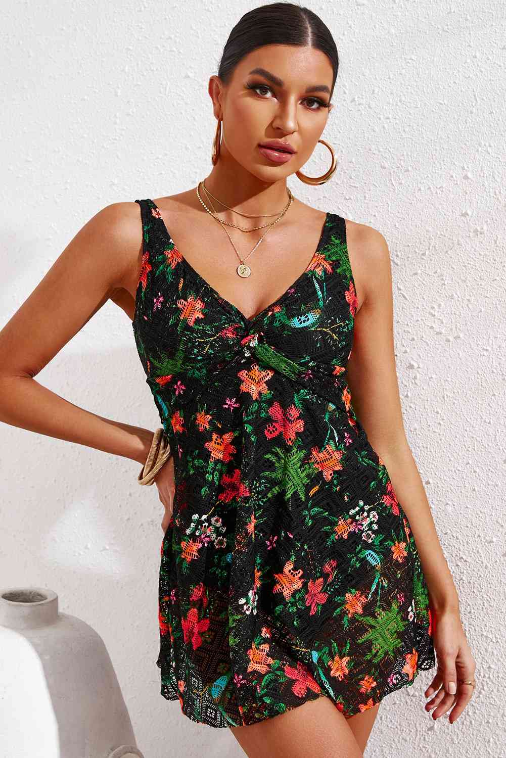 Full Size Twist Front Sleeveless Swim Dress Multi