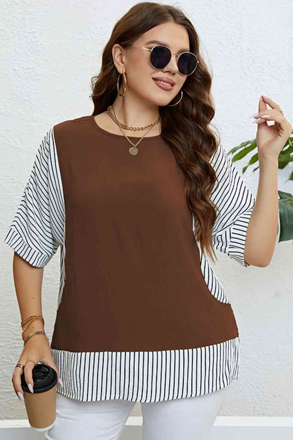 Plus Size Striped Round Neck Half Sleeve Top Chestnut