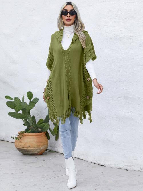 Fringe Trim Buttoned Hooded Poncho