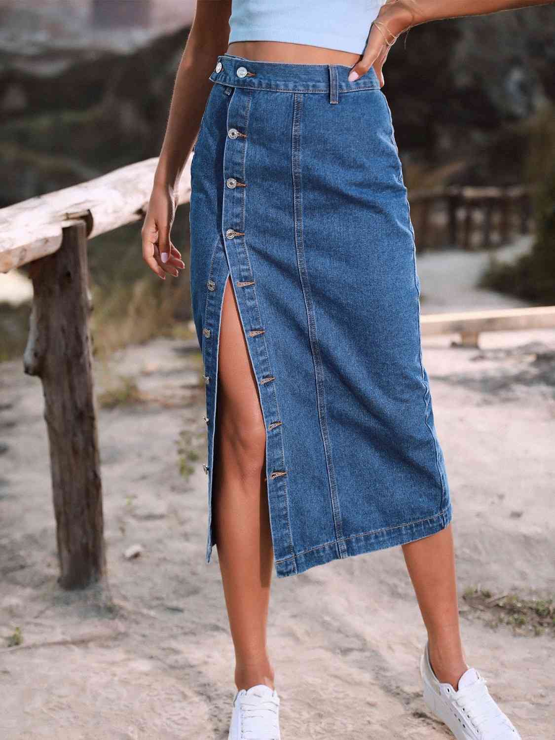 Button Down Denim Skirt French Blue