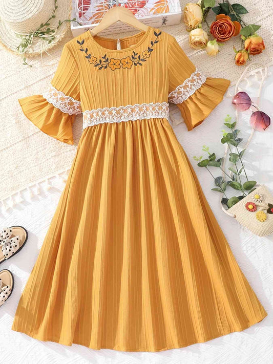 Lace Waistband Embroidery Round Neck Flounce Sleeve Dress Mustard