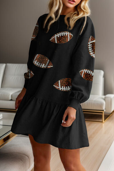 Football Sequin Round Neck Dropped Shoulder Mini Dress Black