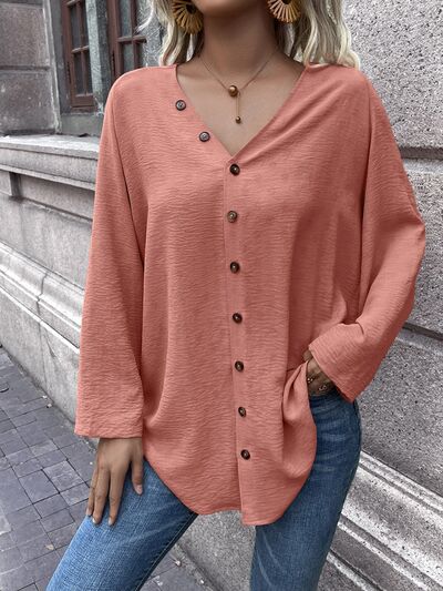 Button Up V-Neck Long Sleeve Shirt Burnt Coral