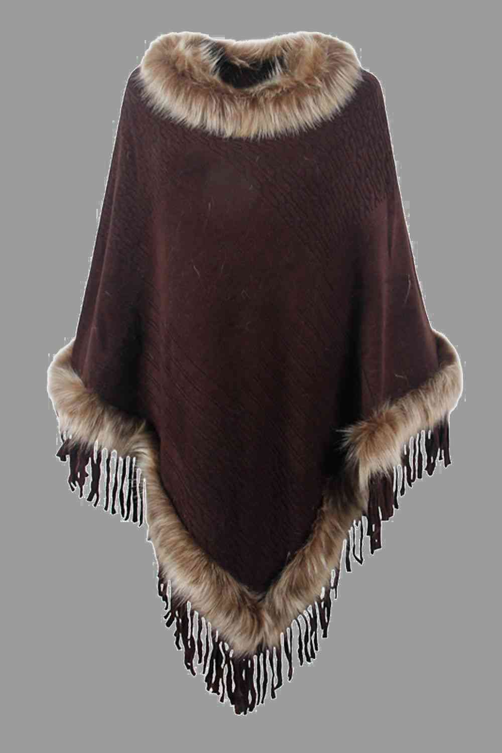 Faux Fur Trim Fringed Poncho Chocolate One Size