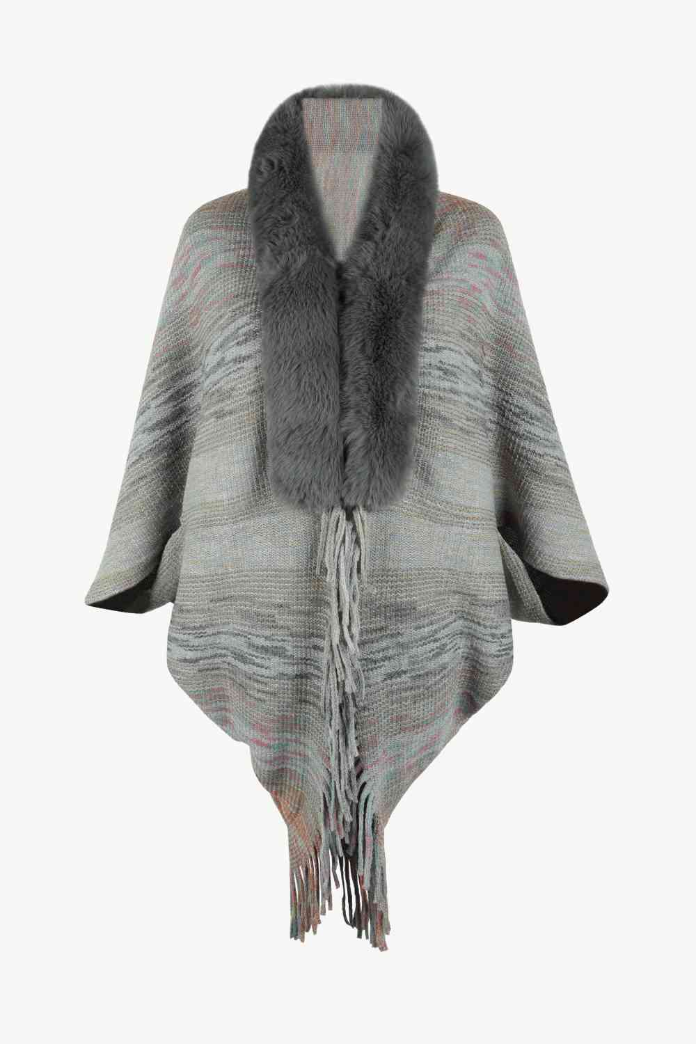 Open Front Fringe Hem Poncho Charcoal One Size