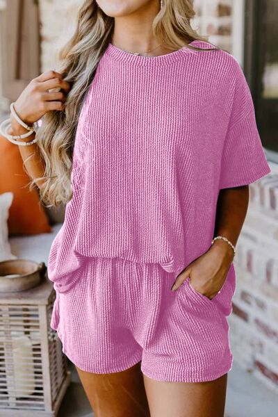 Round Neck Top and Pocketed Shorts Set Fuchsia Pink