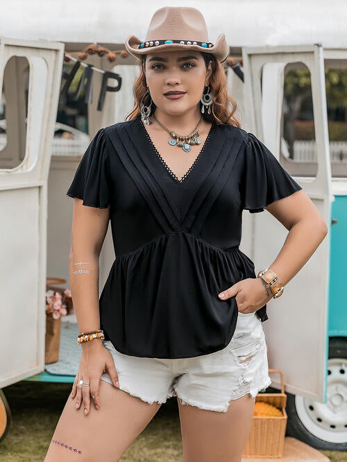 Plus Size V-Neck Flutter Sleeve Blouse Black