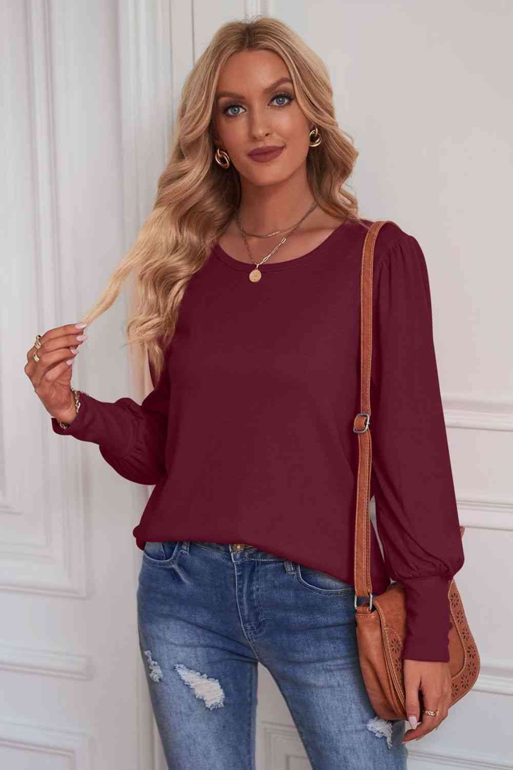 Round Neck Puff Sleeve T-Shirt Wine