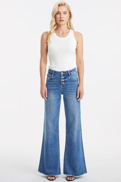 BAYEAS Full Size High Waist Button-Fly Raw Hem Wide Leg Jeans BLUELOTUS