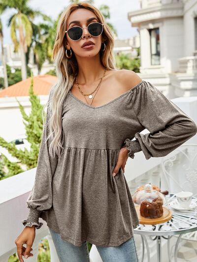 V-Neck Lantern Sleeve Blouse Khaki