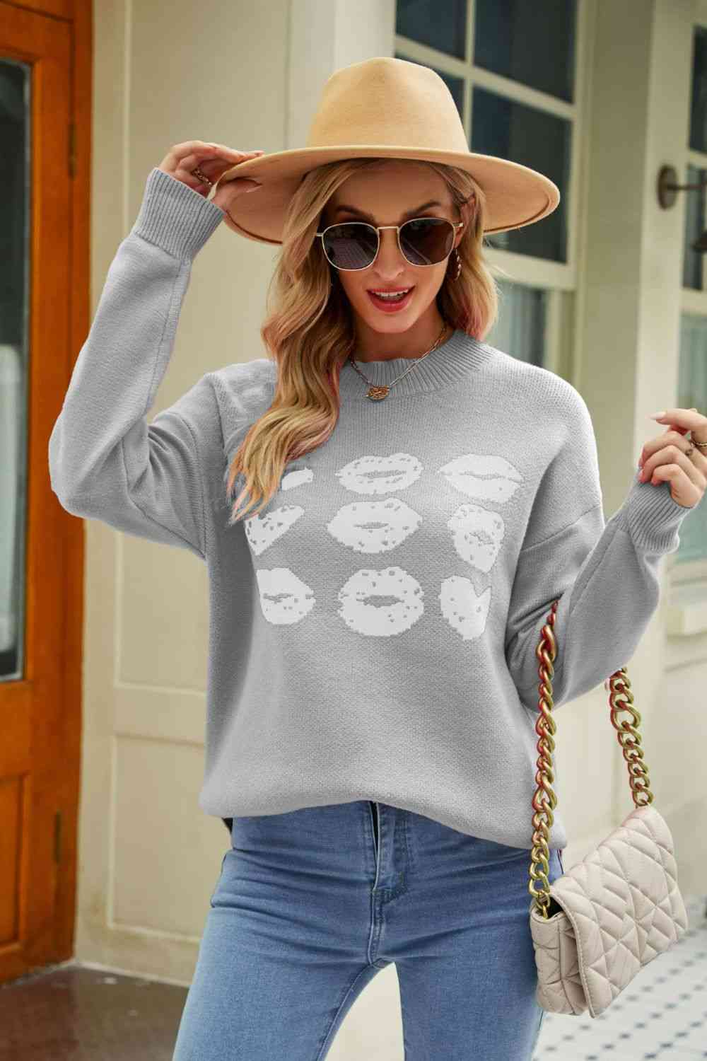 Woven Right Lip Graphic Slit Dropped Shoulder Sweater Gray