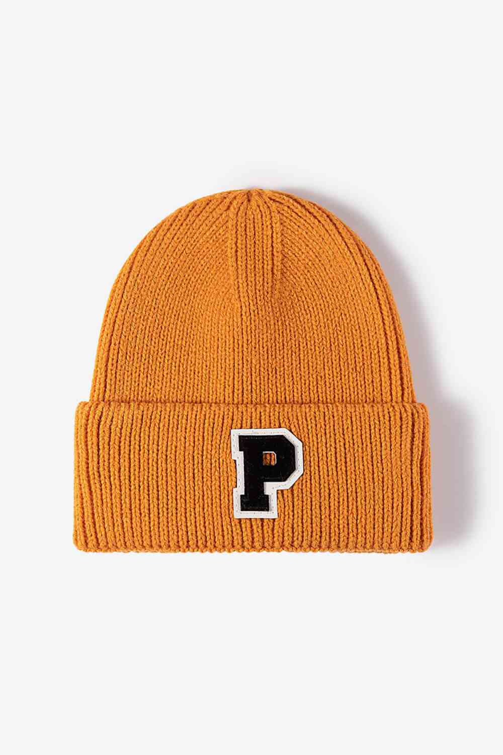 Letter Patch Cuffed Knit Beanie Orange One Size