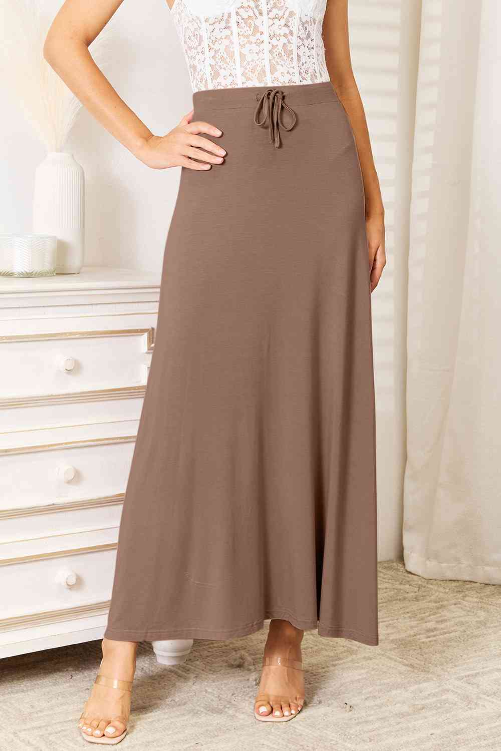 Double Take Full Size Soft Rayon Drawstring Waist Maxi Skirt Rayon Taupe