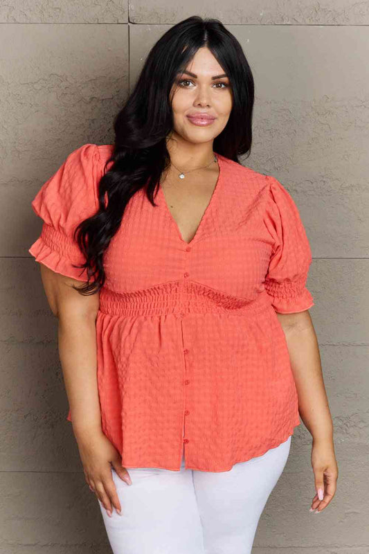 Culture Code Whimsical Wonders Full Size V-Neck Puff Sleeve Button Down Top Coral