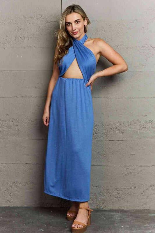 Ninexis Know Your Worth Criss Cross Halter Neck Maxi Dress Cobalt Blue