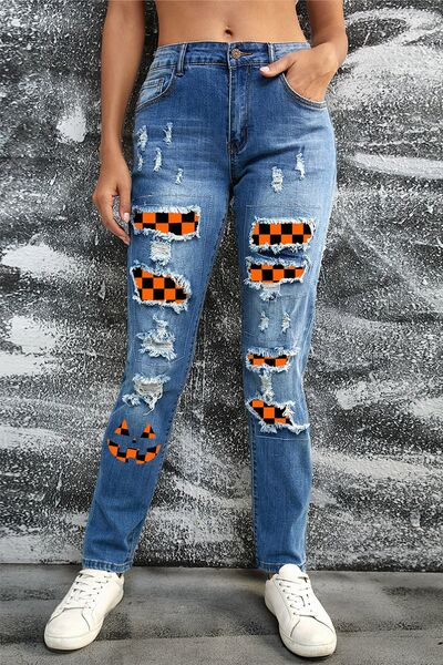 Distressed Straight Jeans with Pockets Pumpkin