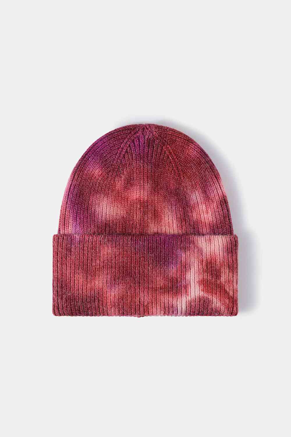 Tie-Dye Cuffed Rib-Knit Beanie Hat Wine One Size