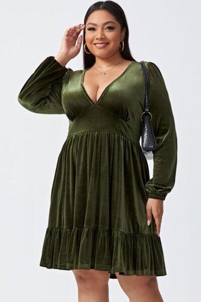 Plus Size Plunge Long Sleeve Mini Dress Army Green