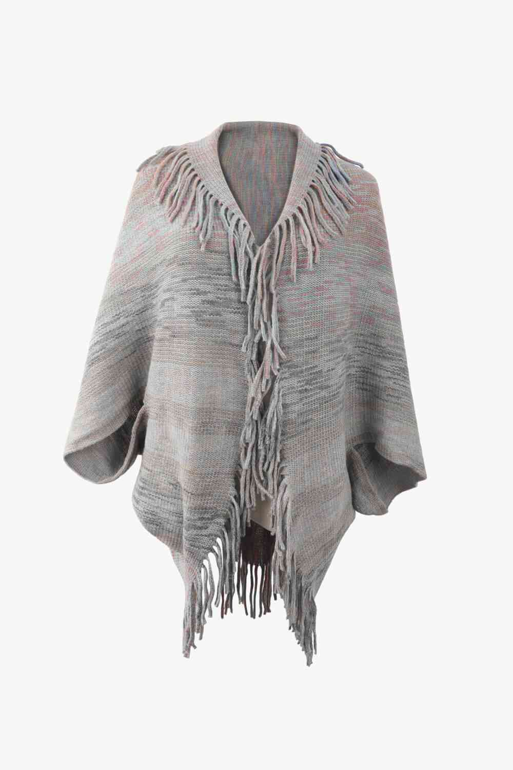 Multicolored Fringe Trim Poncho Heather Gray One Size