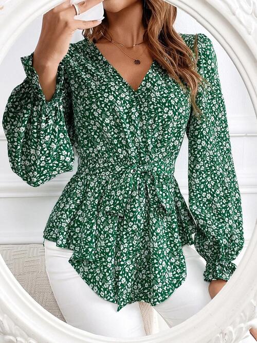 Printed V-Neck Tie Front Flounce Sleeve Blouse Mid Green