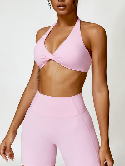 Twisted Halter Neck Active Bra Blush Pink