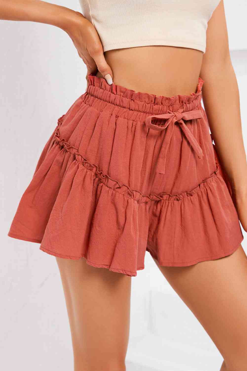 Frill Trim Tie Waist Shorts Brick Red