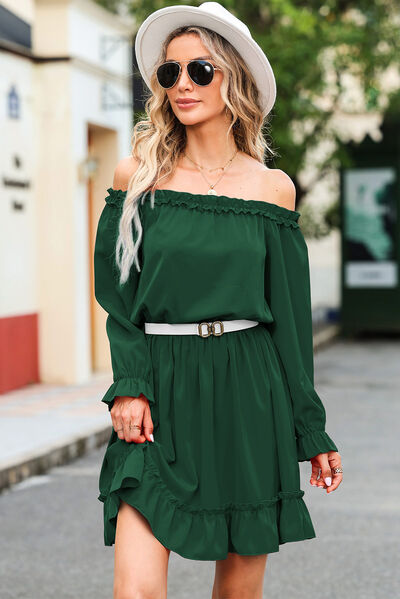 Frill Off-Shoulder Flounce Sleeve Dress Green