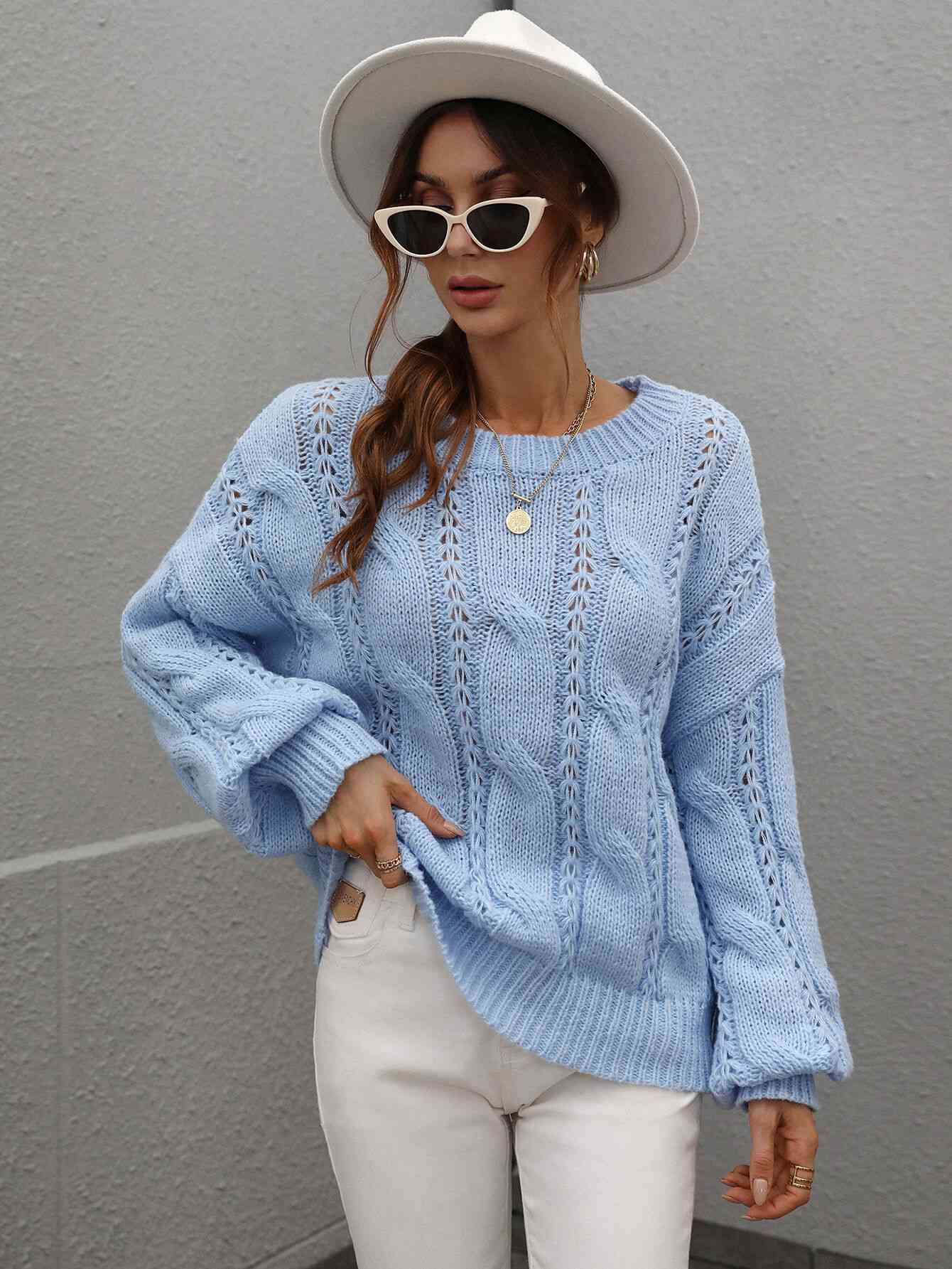 Woven Right Cable-Knit Openwork Round Neck Sweater Blue