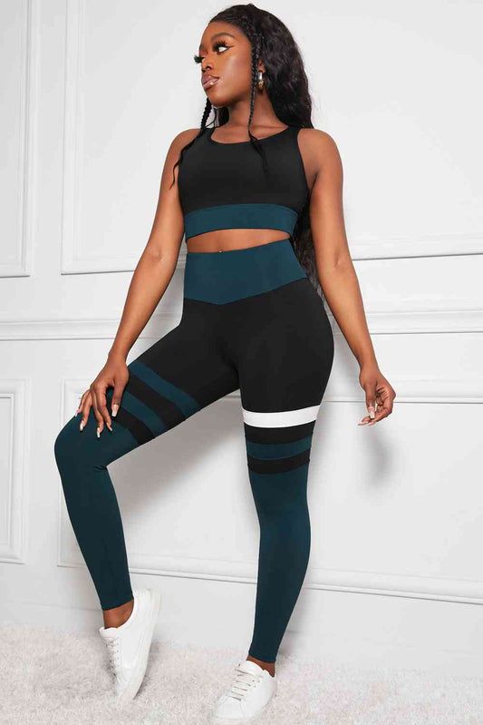 Striped Sports Bra and High Waisted Yoga Leggings Set Blue/Black