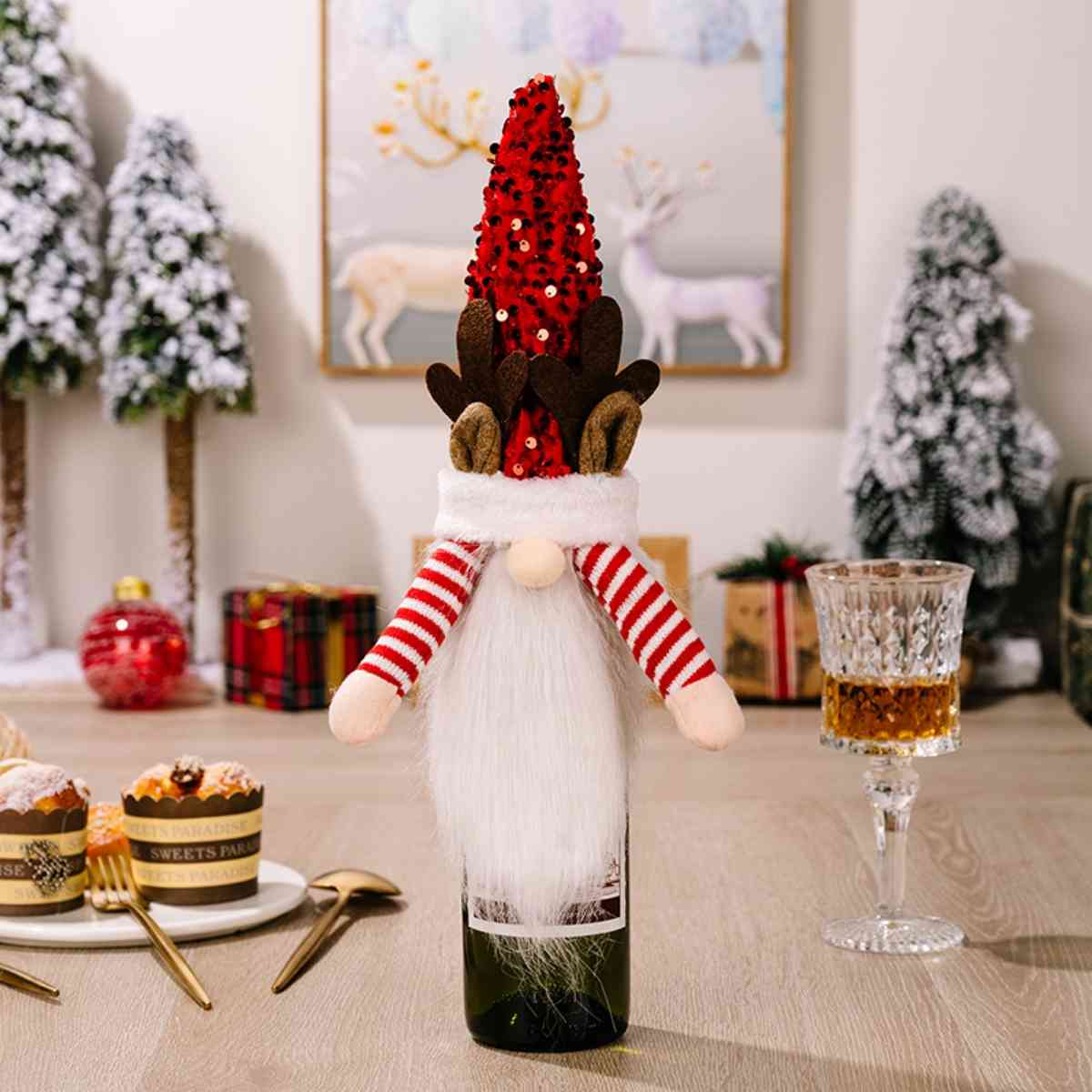 Sequin Pointed Hat Faceless Gnome Wine Bottle Cover Deep Red One Size