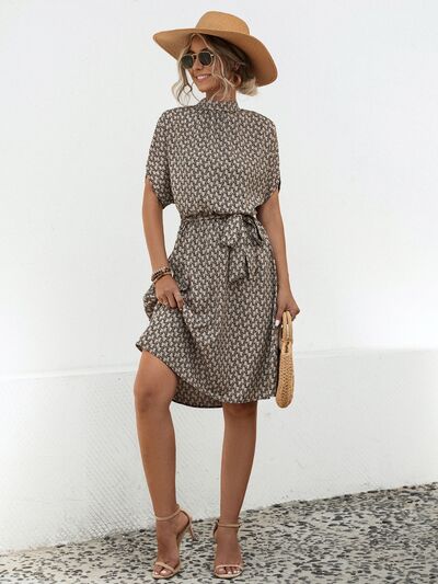 Tied Printed Mock Neck Short Sleeve Dress