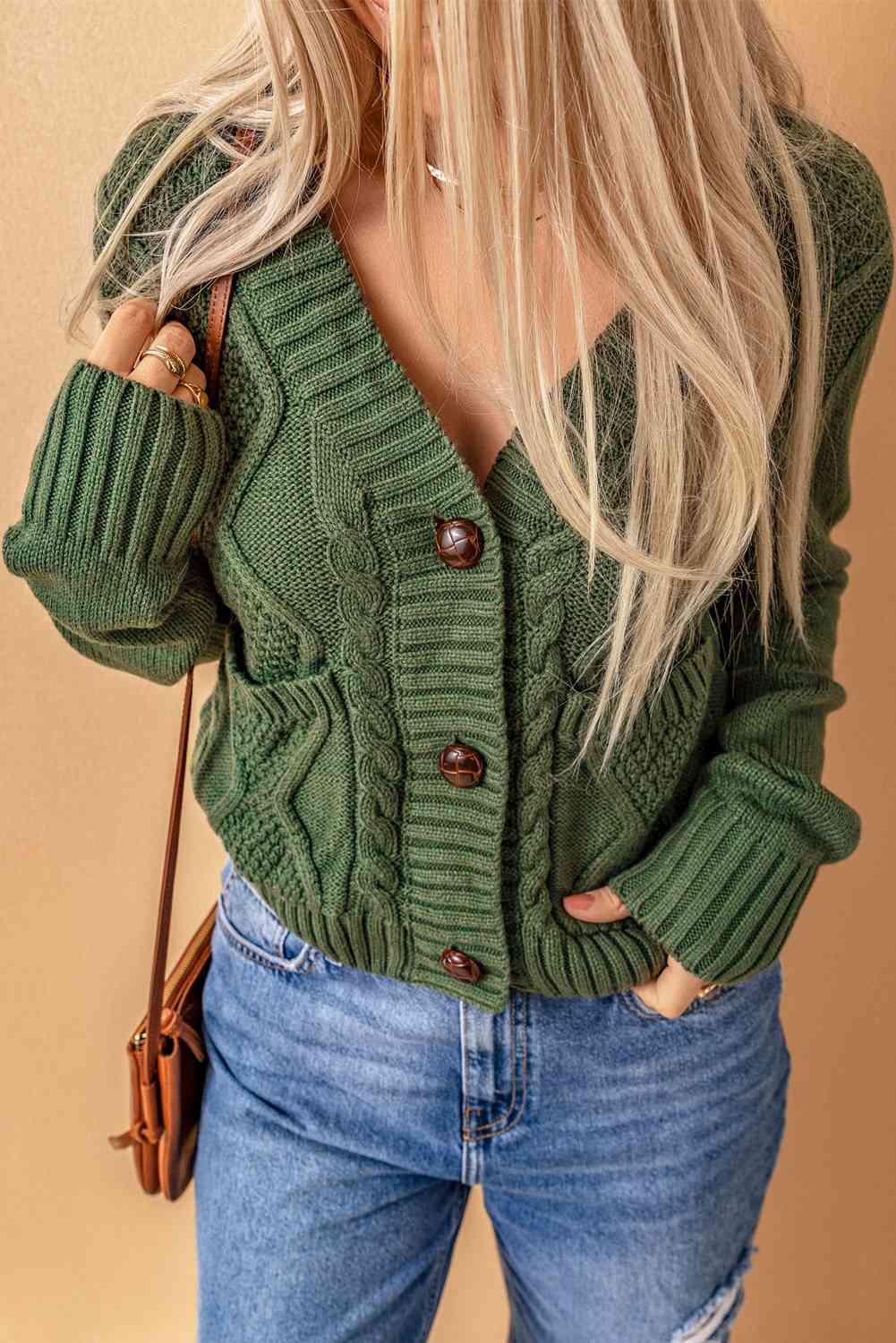 Woven Right Mixed Knit Button Down Cardigan with Pockets Green