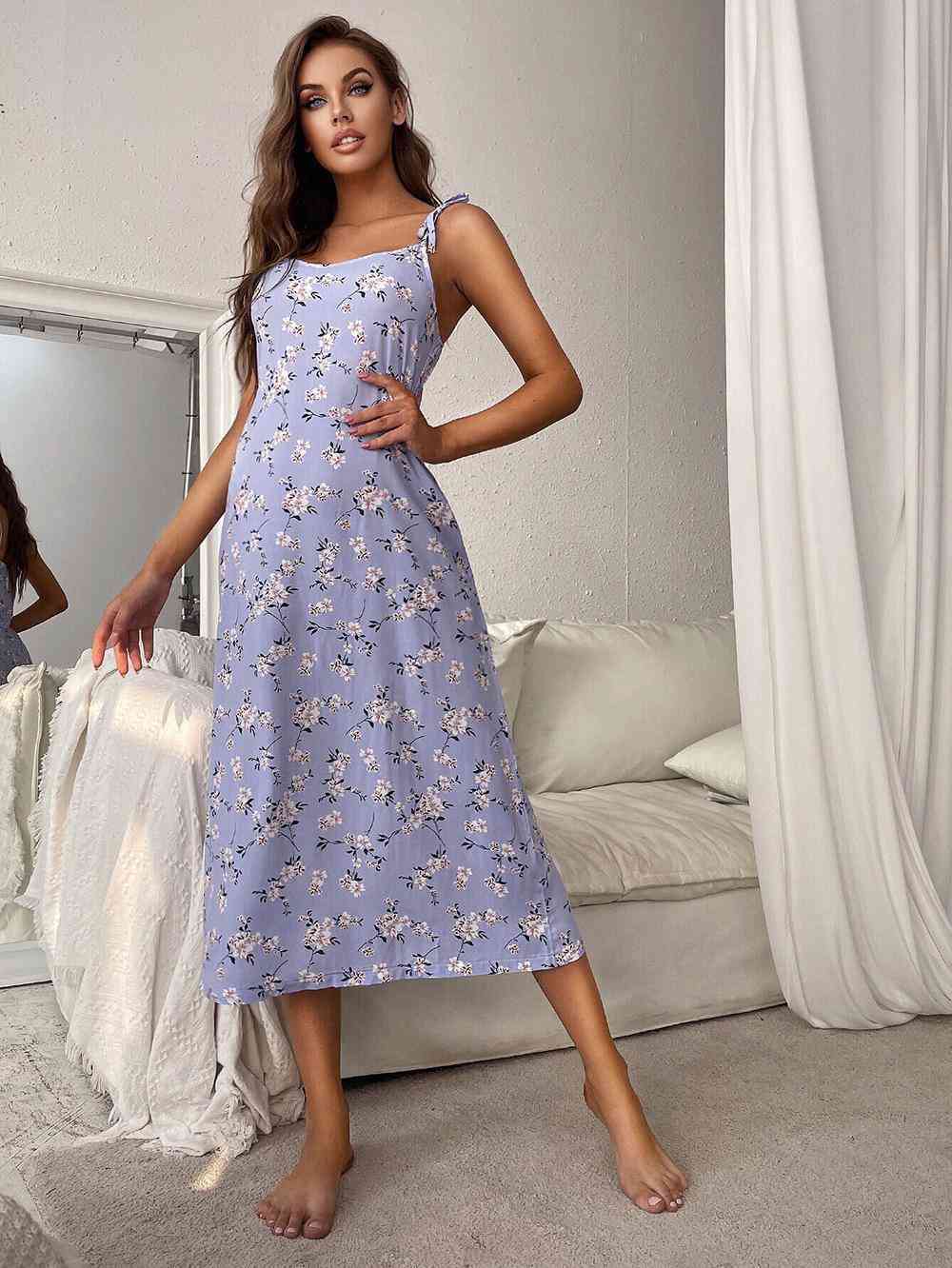 Printed Tie Shoulder Midi Night Dress Blue