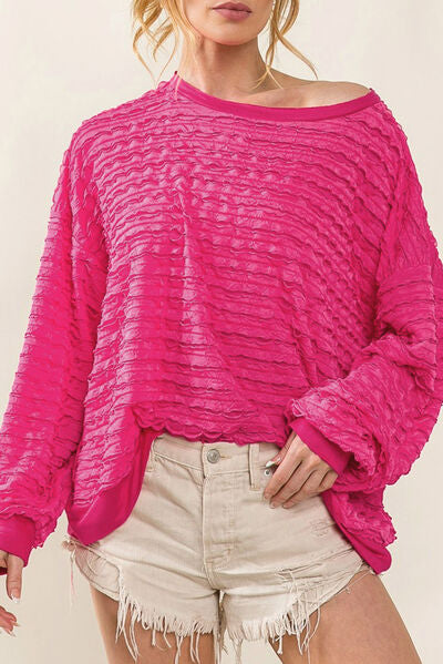 Texture Round Neck Dropped Shoulder Top Cerise