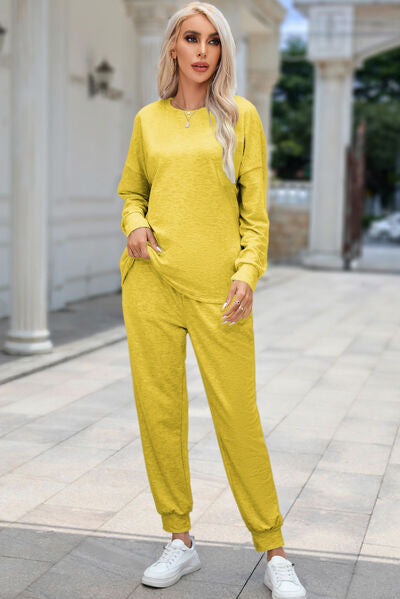 Round Neck Top and Drawstring Pants Lounge Set True Yellow