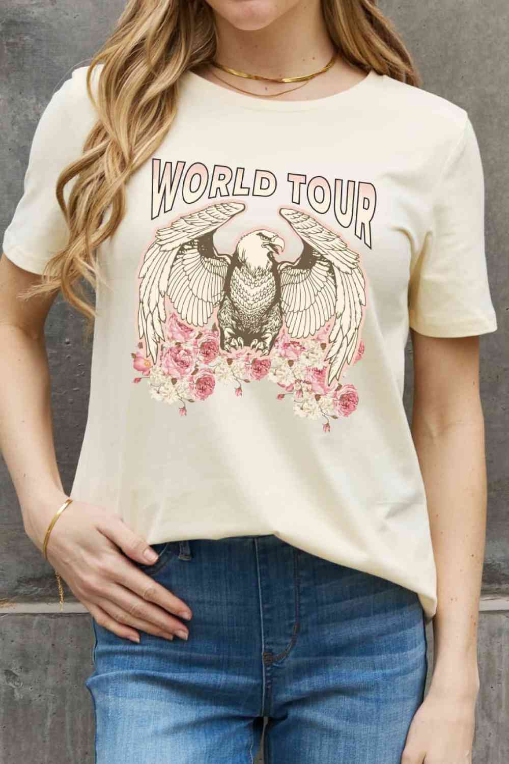 Simply Love Full Size WORLD TOUR Eagle Graphic Cotton Tee Ivory