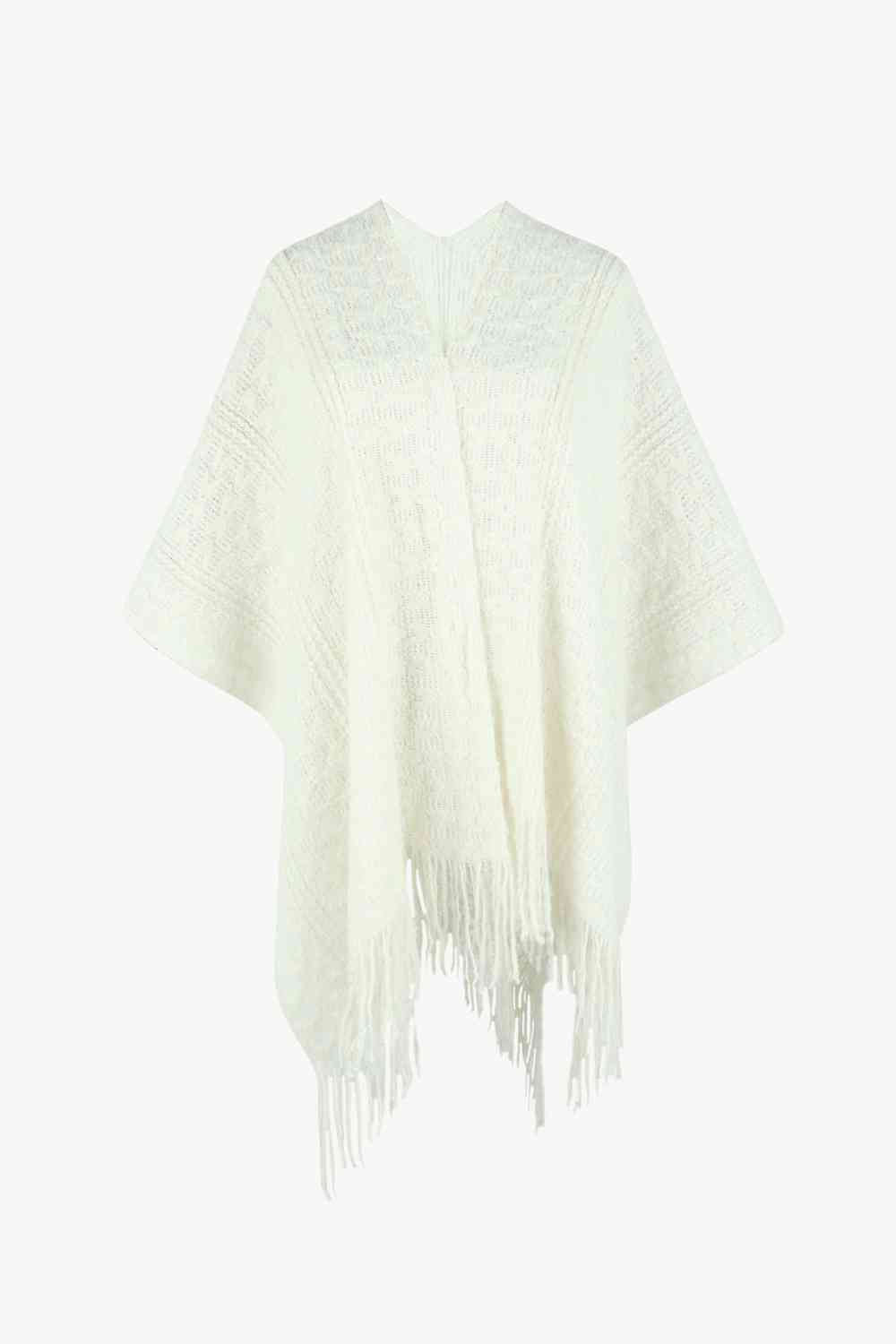 Open Front Fringe Hem Poncho White One Size