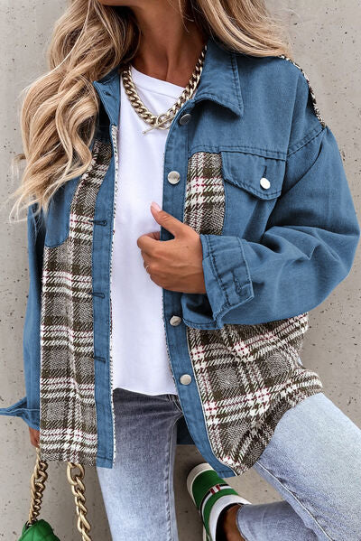 Plaid Pocketed Button Up Denim Jacket French Blue