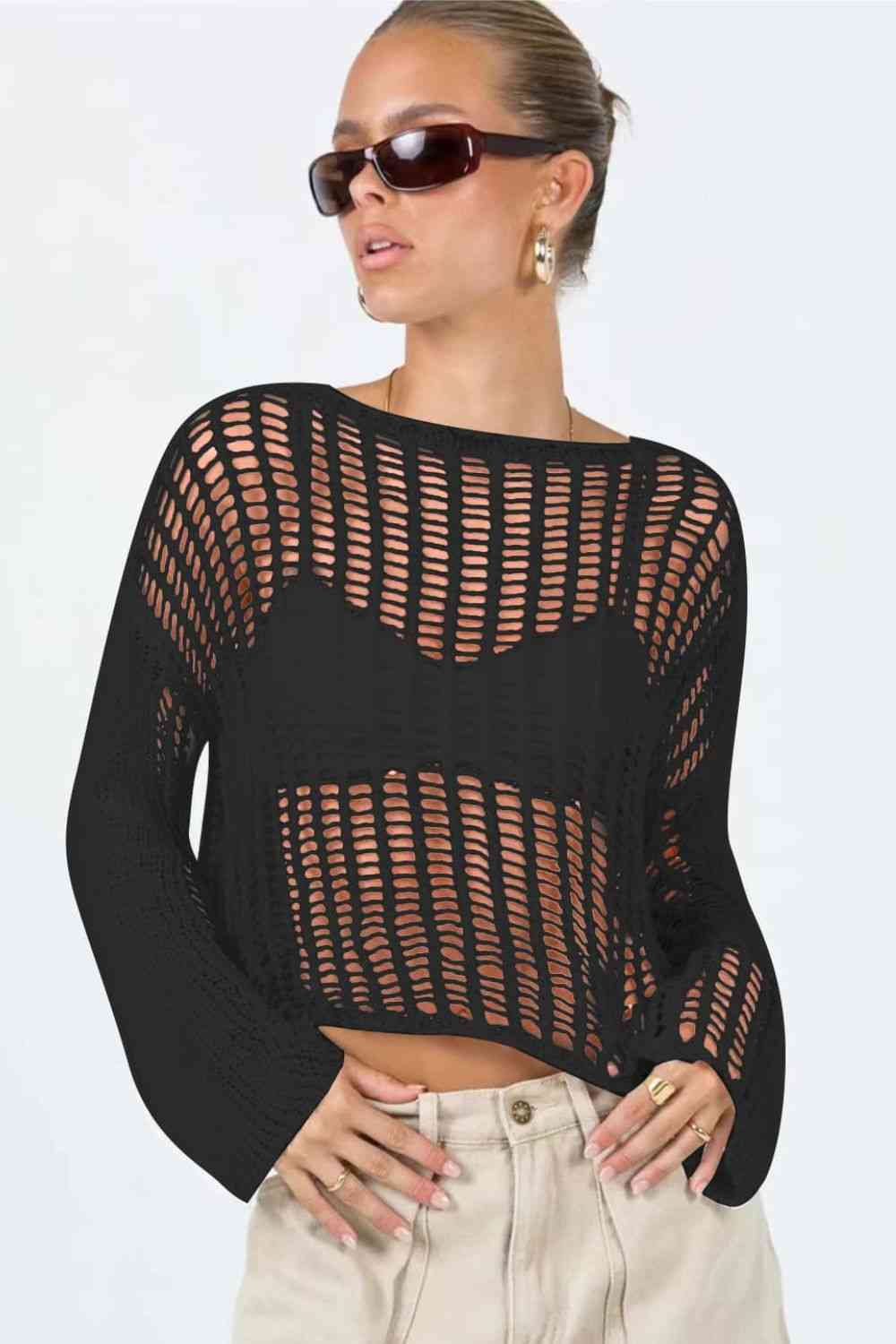 Openwork Boat Neck Long Sleeve Cover Up Black