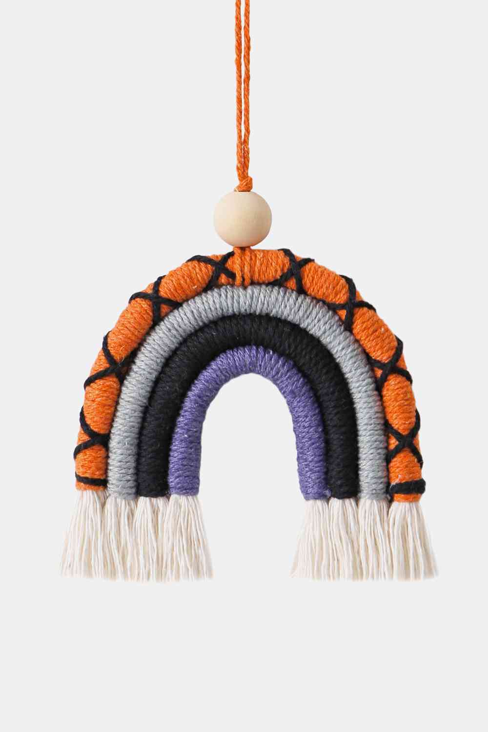 Fringe Macrame Rainbow Shape Wood Bead Cotton Keychain Orange One Size