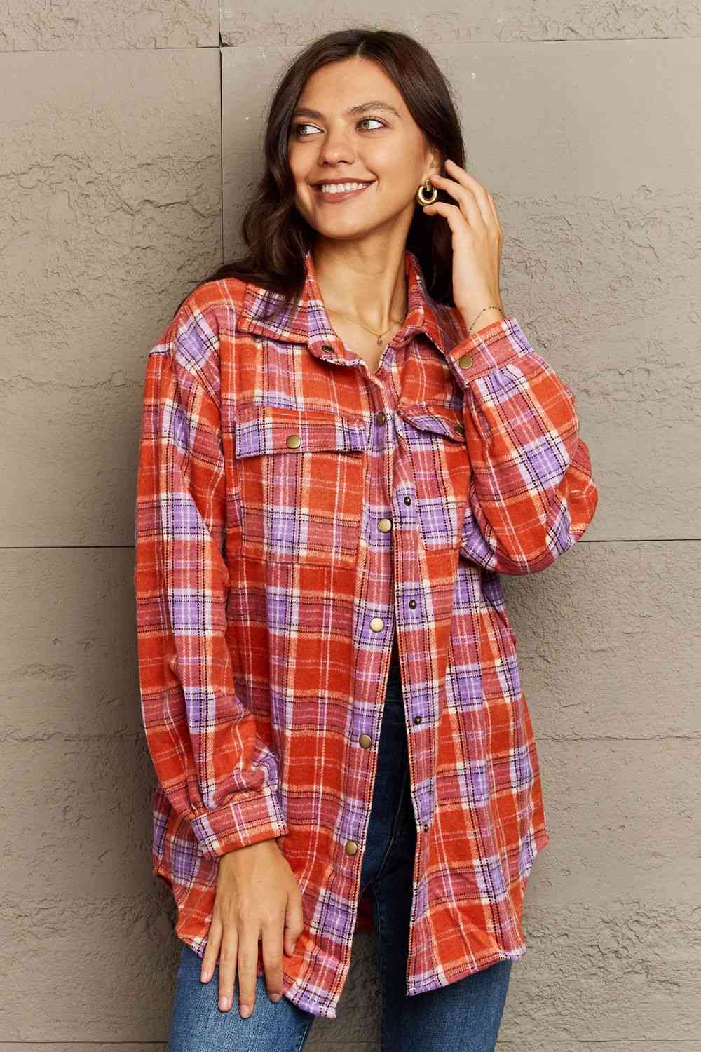 Ninexis Full Size Plaid Collared Neck Button-Down Long Sleeve Jacket Coral